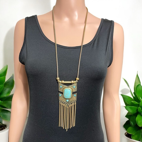 Gold Turquoise Fringe Necklace & Earring Set - Picture 11 of 16